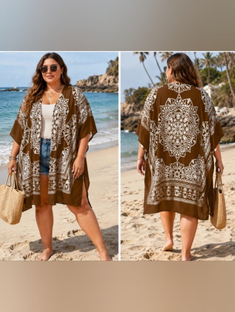 Kara & Kate Brown White Mandala Open Front Kimono NWT Size XL Coastal Beach